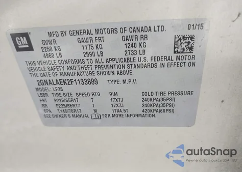 2015 Chevrolet Equinox Ls from USA, damaged, VIN 2GNALAEK2F1133889